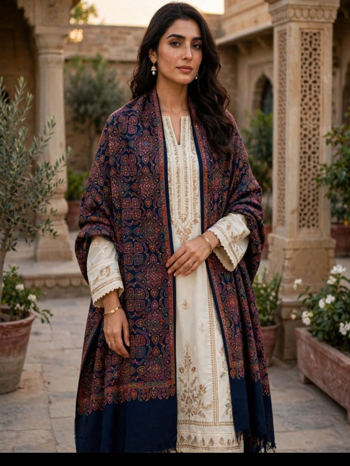 Zar Hand Embroidered Shawl-Navy Blue