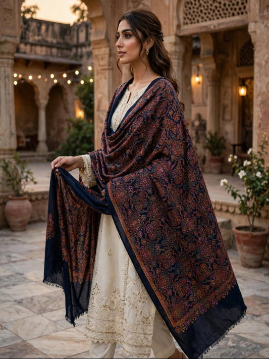 Zar Hand Embroidered Shawl-Navy Blue