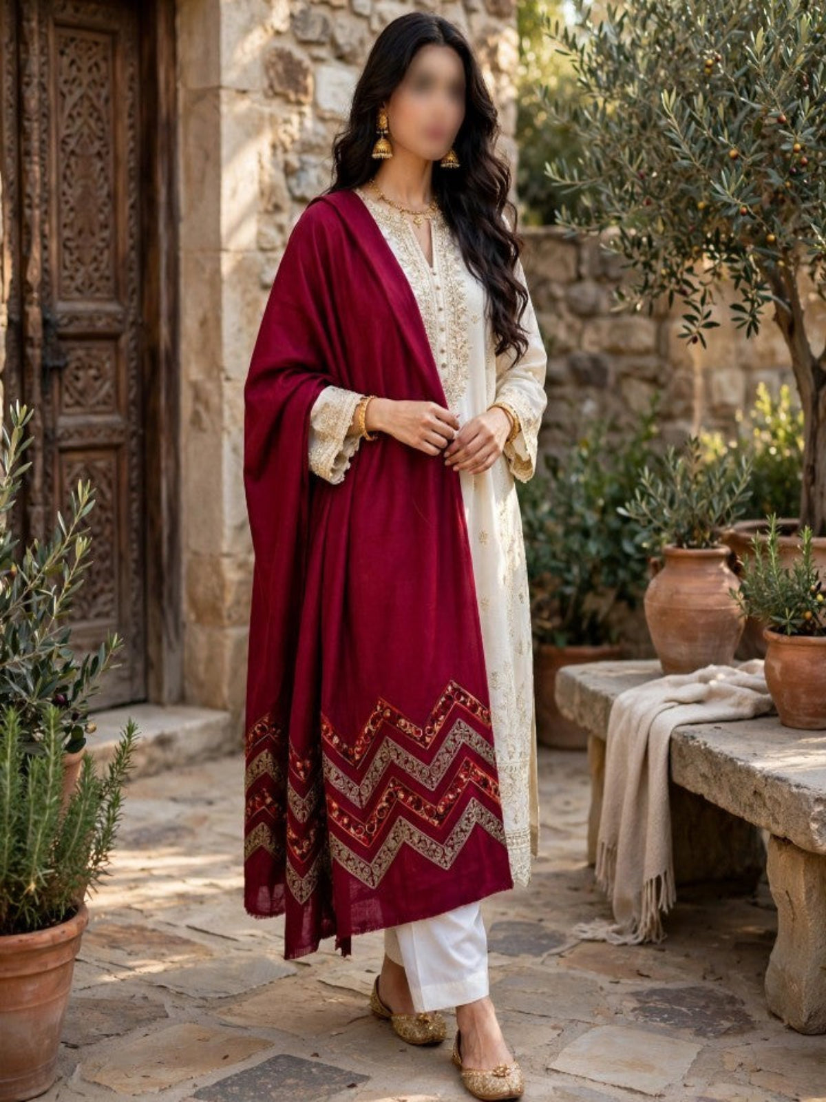 Saya Embroidered Shawl-Deep Red