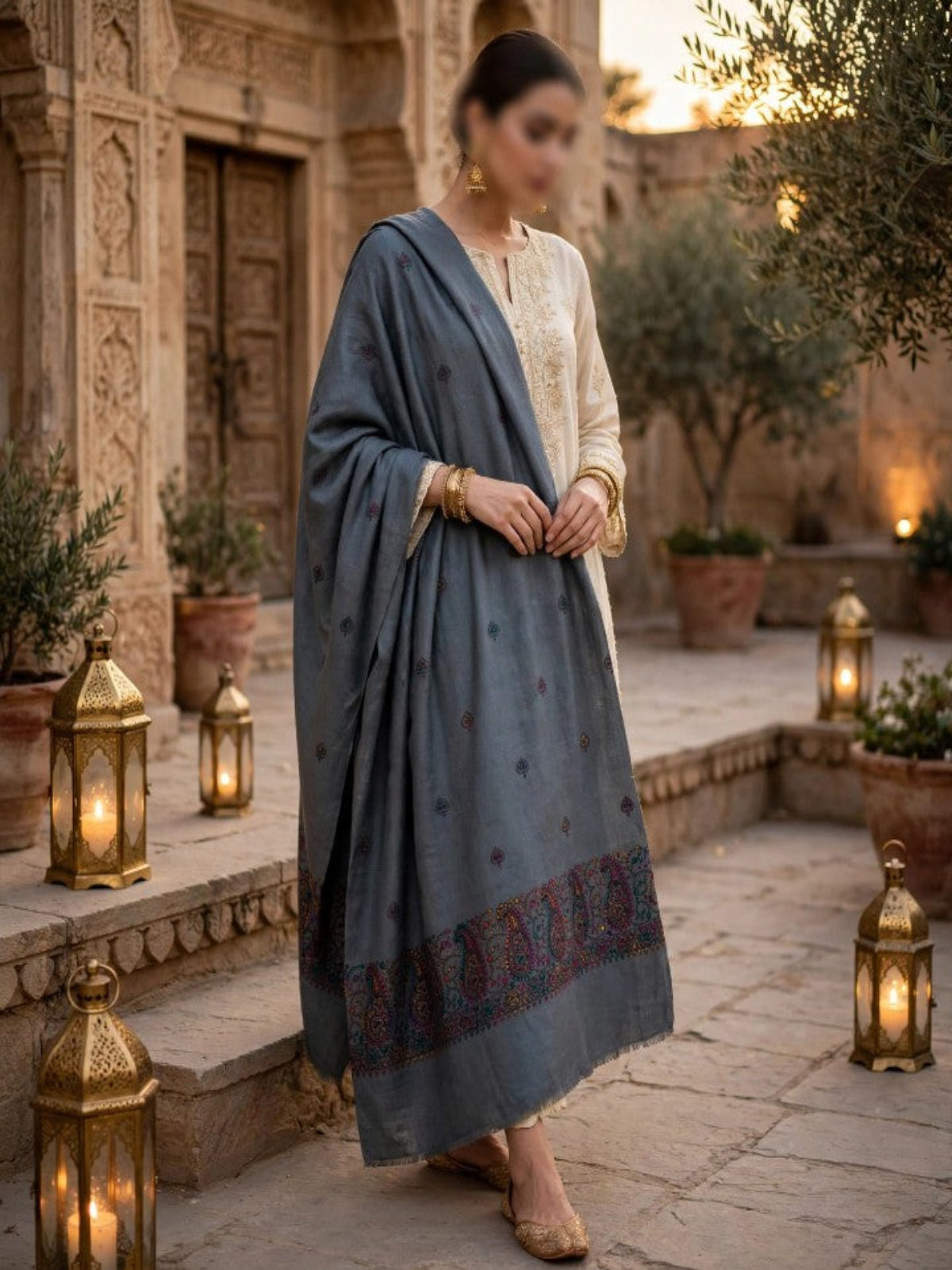 Taj Handwork Shawl-Charcoal Grey