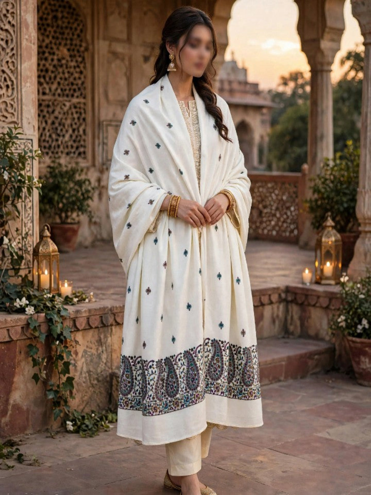 Taj Handwork Shawl-Off White