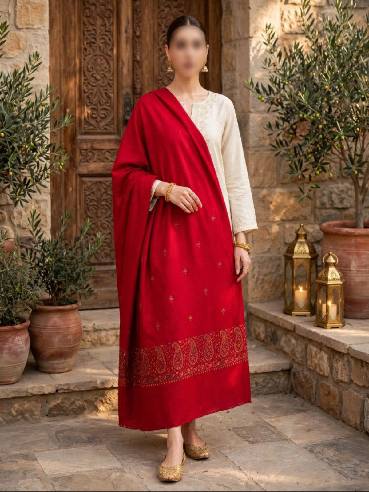Taj Handwork Shawl-Crimson Red