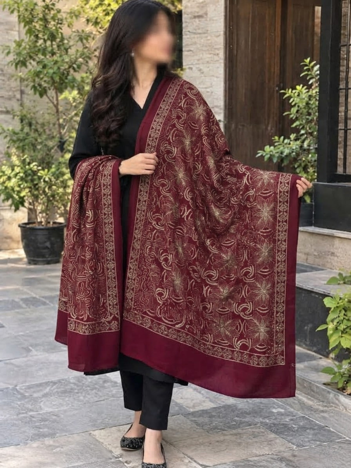 Gul e Silk Embroidered Shawl-Maroon