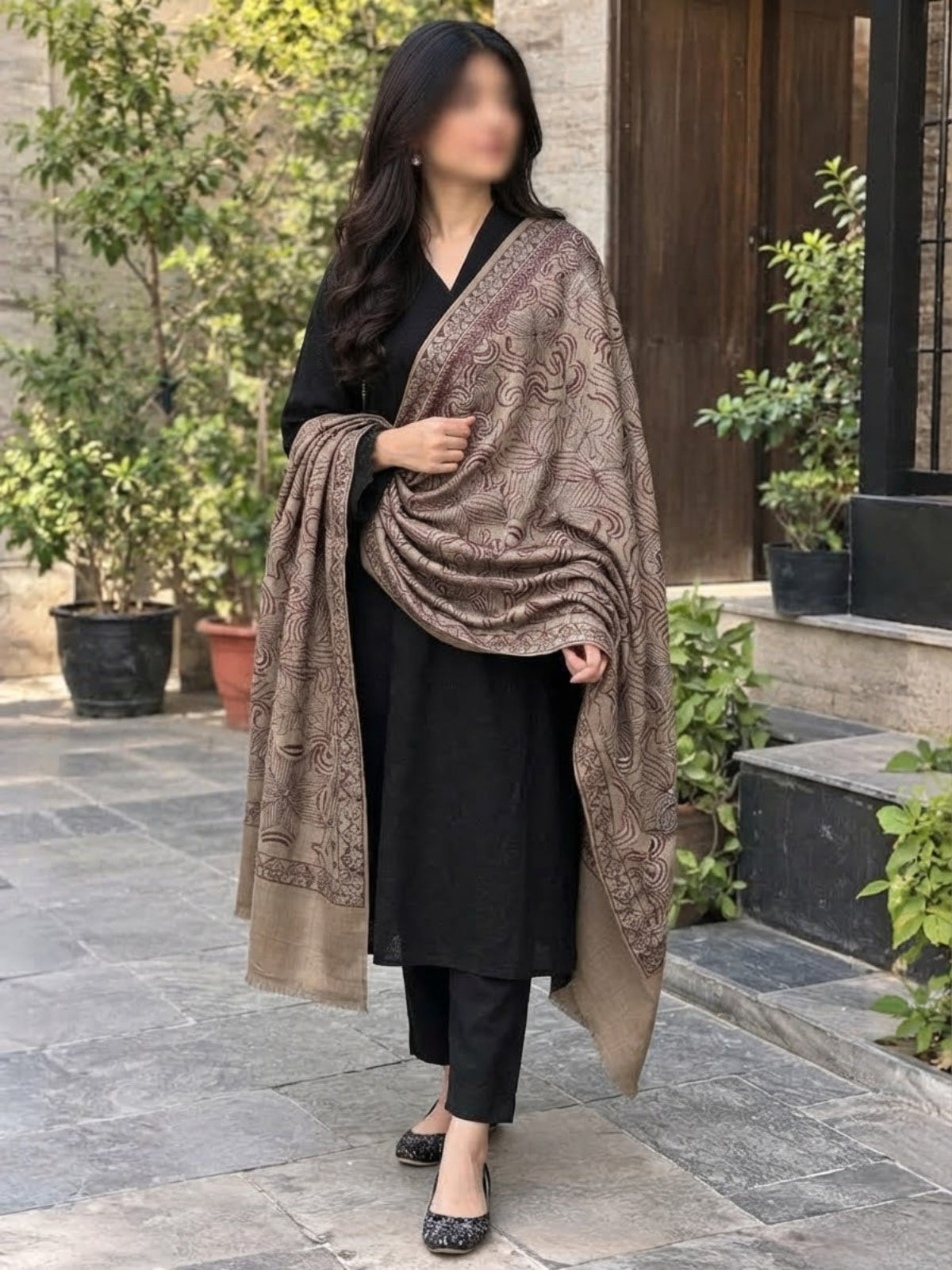 Gul e Silk Embroidered Shawl-Fawn