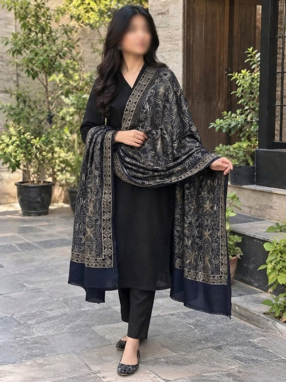 Gul e Silk Embroidered Shawl-Navy
