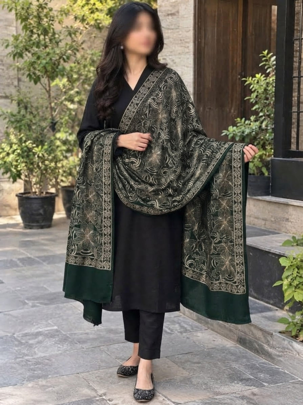 Gul e Silk Embroidered Shawl-Emerald Green