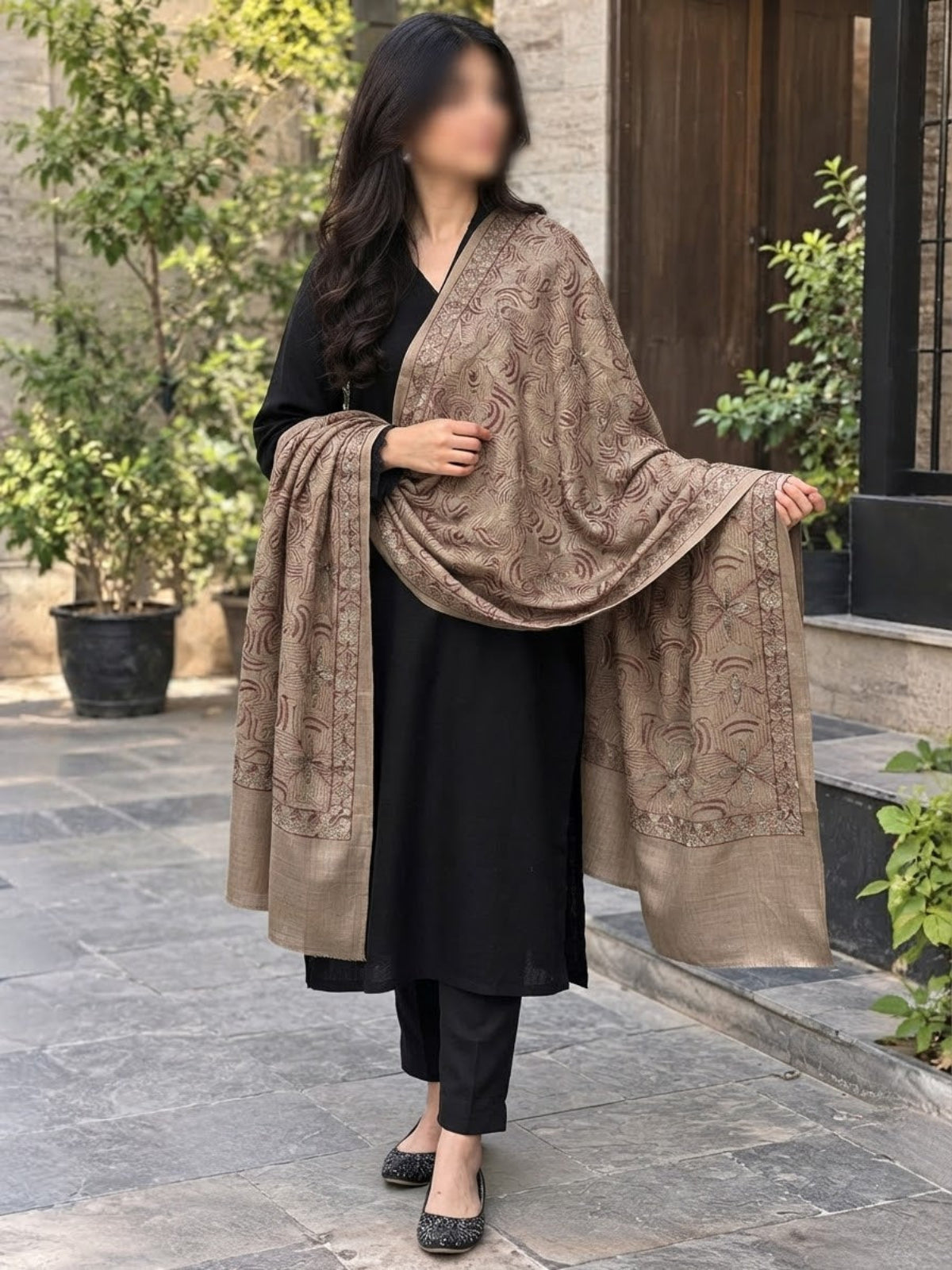 Gul e Silk Embroidered Shawl-Mushroom