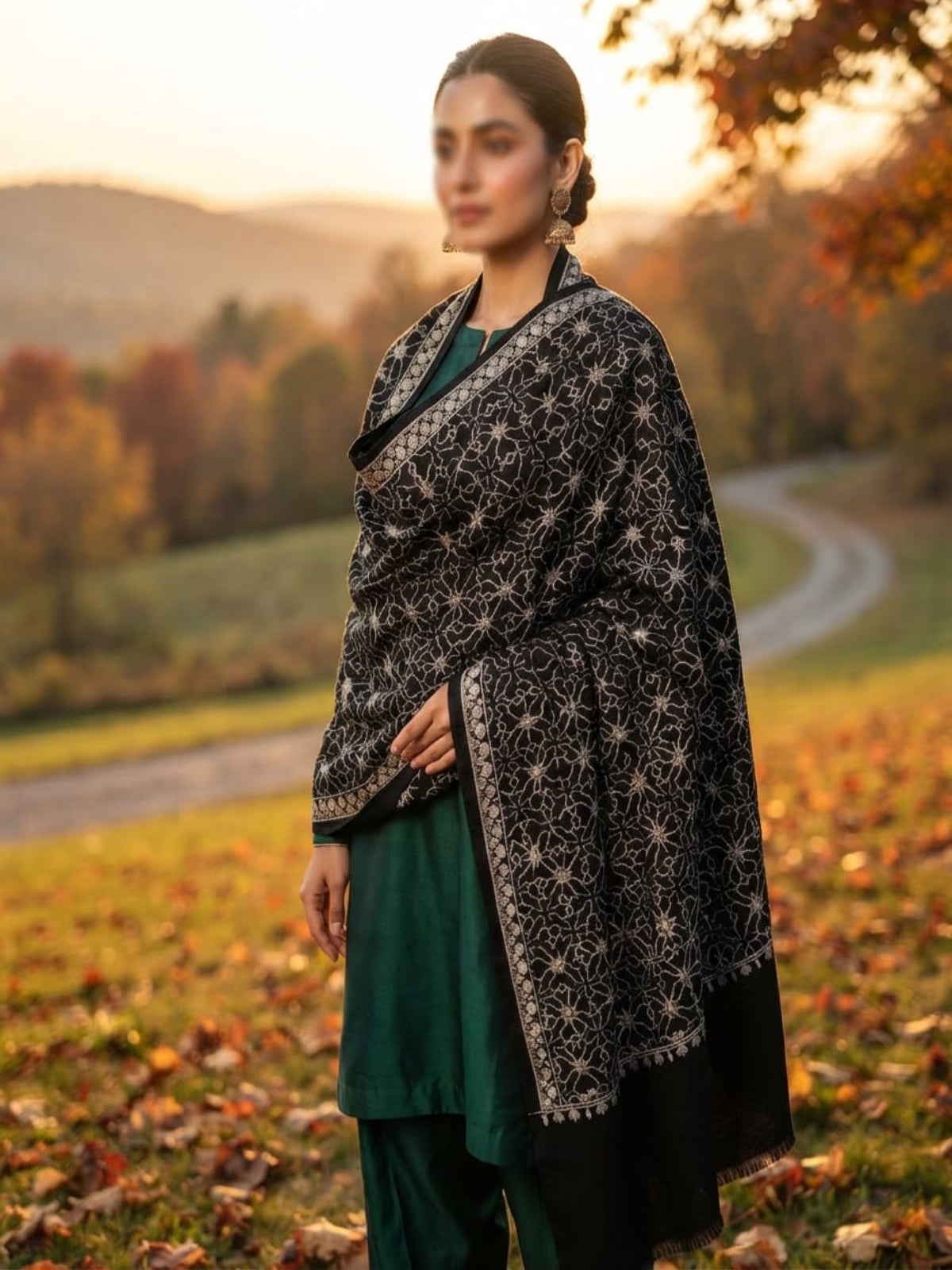 Mughal Embroidered Shawl-Coffee Brown