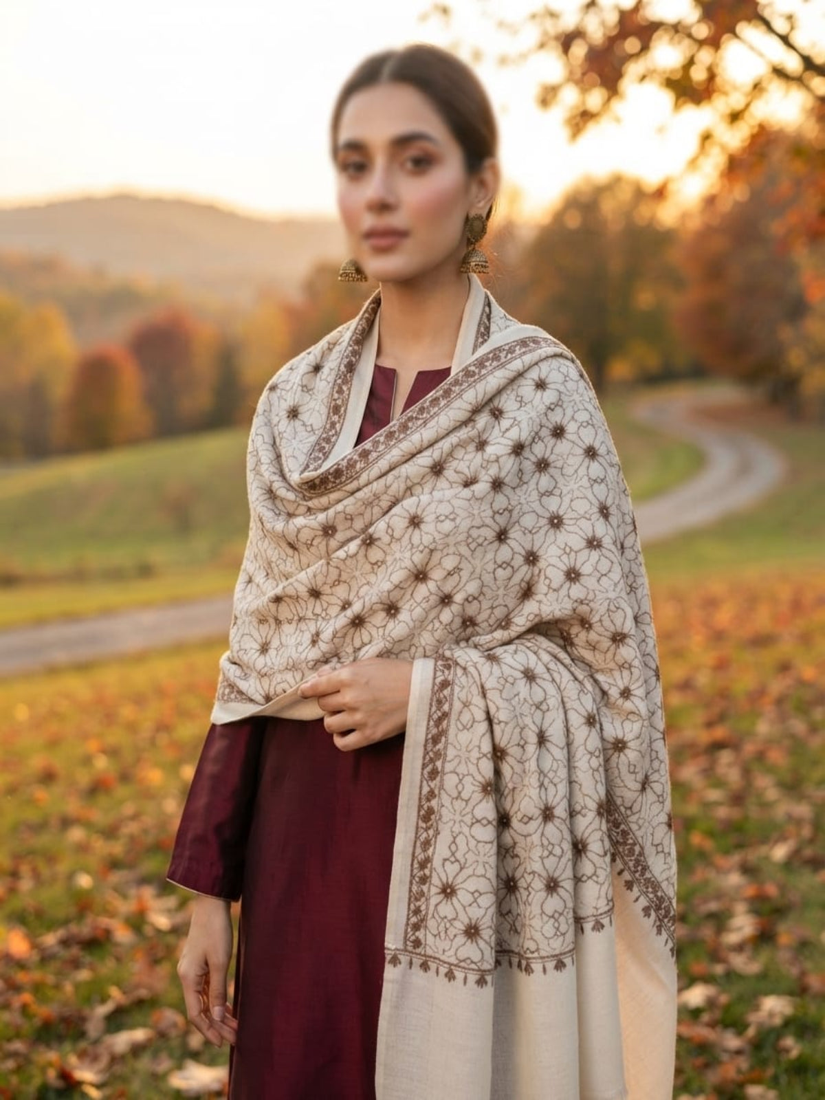 Mughal Embroidered Shawl-Pearl Ivory