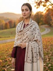 Mughal Embroidered Shawl-Pearl Ivory