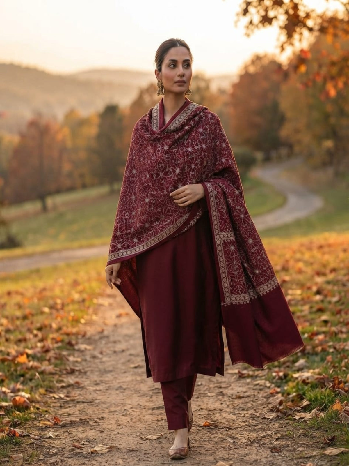 Mughal Embroidered Shawl-Royal Crimson
