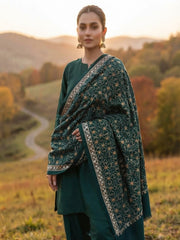 Mughal Embroidered Shawl-Emerald Green