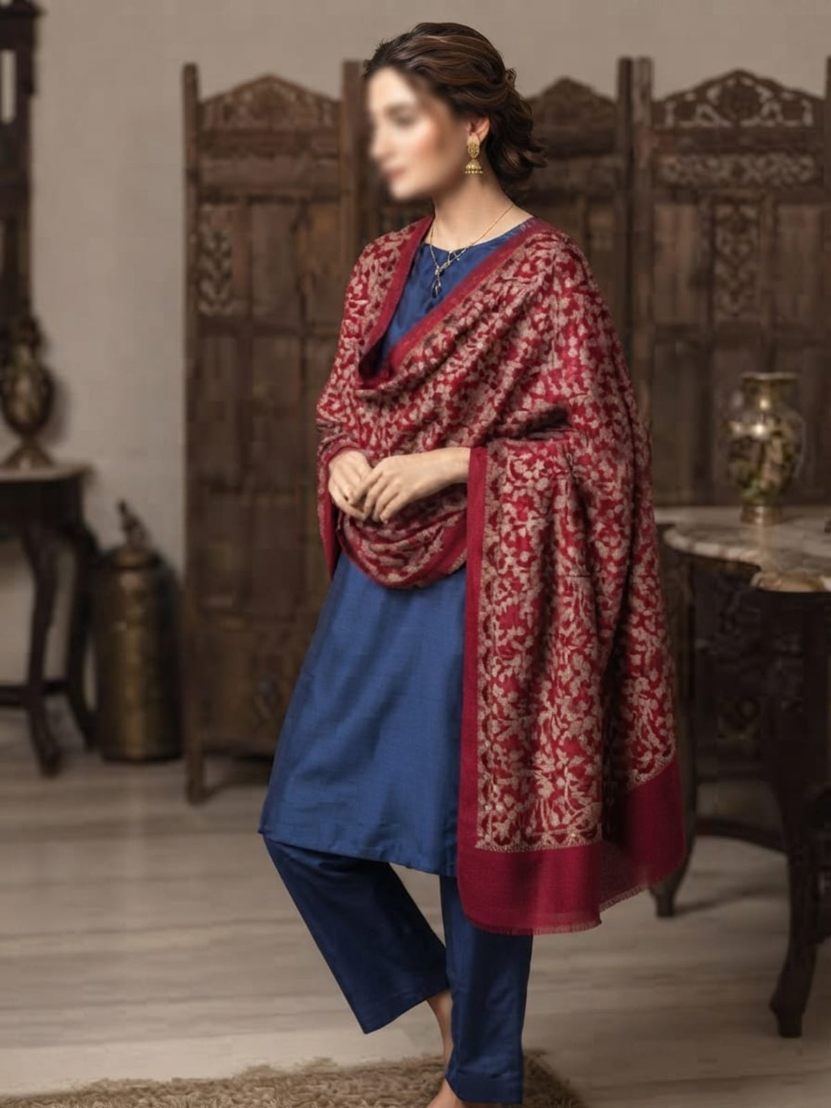 Manto Embroidered Shawl-Royal Crimson