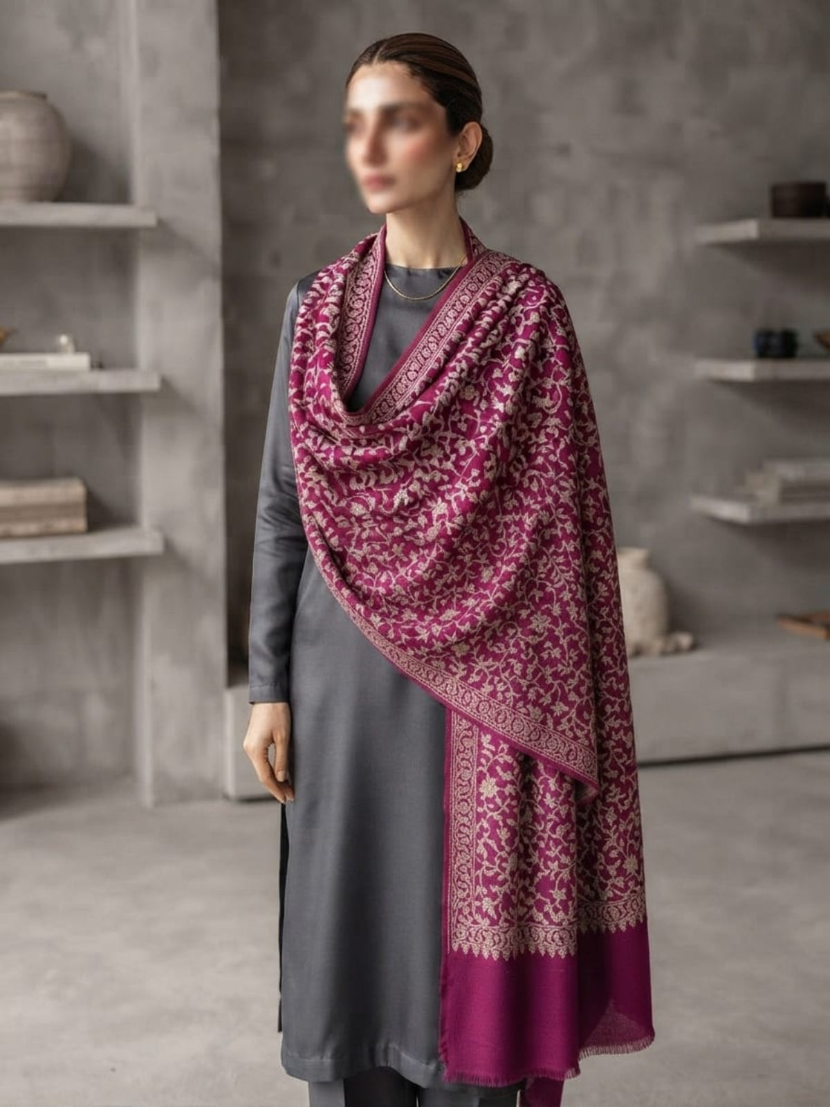 Manto Embroidered Shawl-Fushsia Plum