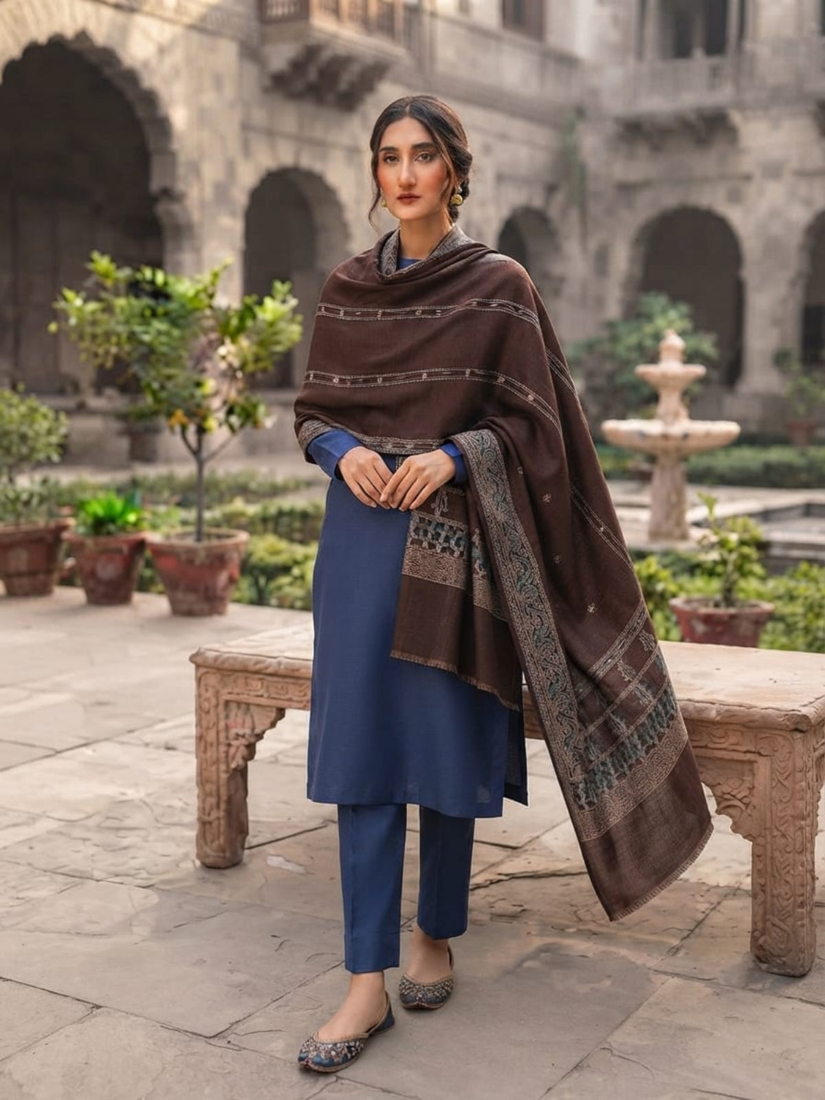 Wahaj Printed Shawl-Chocolate Brown