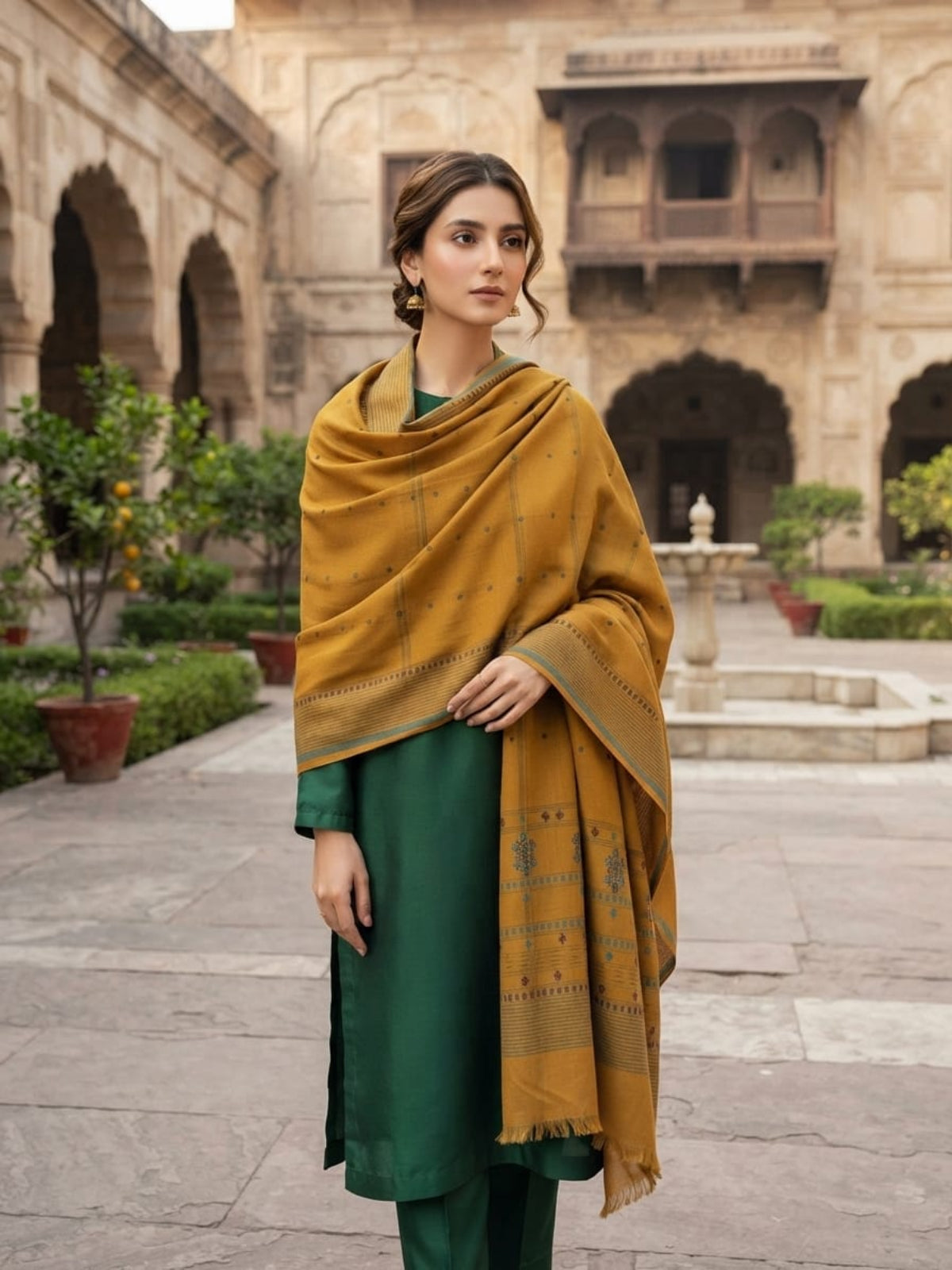 Wahaj Printed Shawl-Mustard
