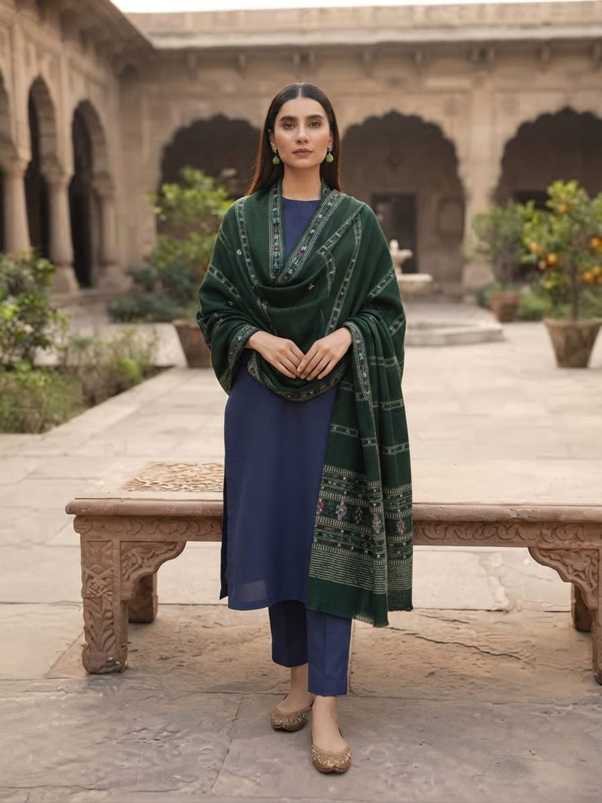Wahaj Printed Shawl-Bottle Green