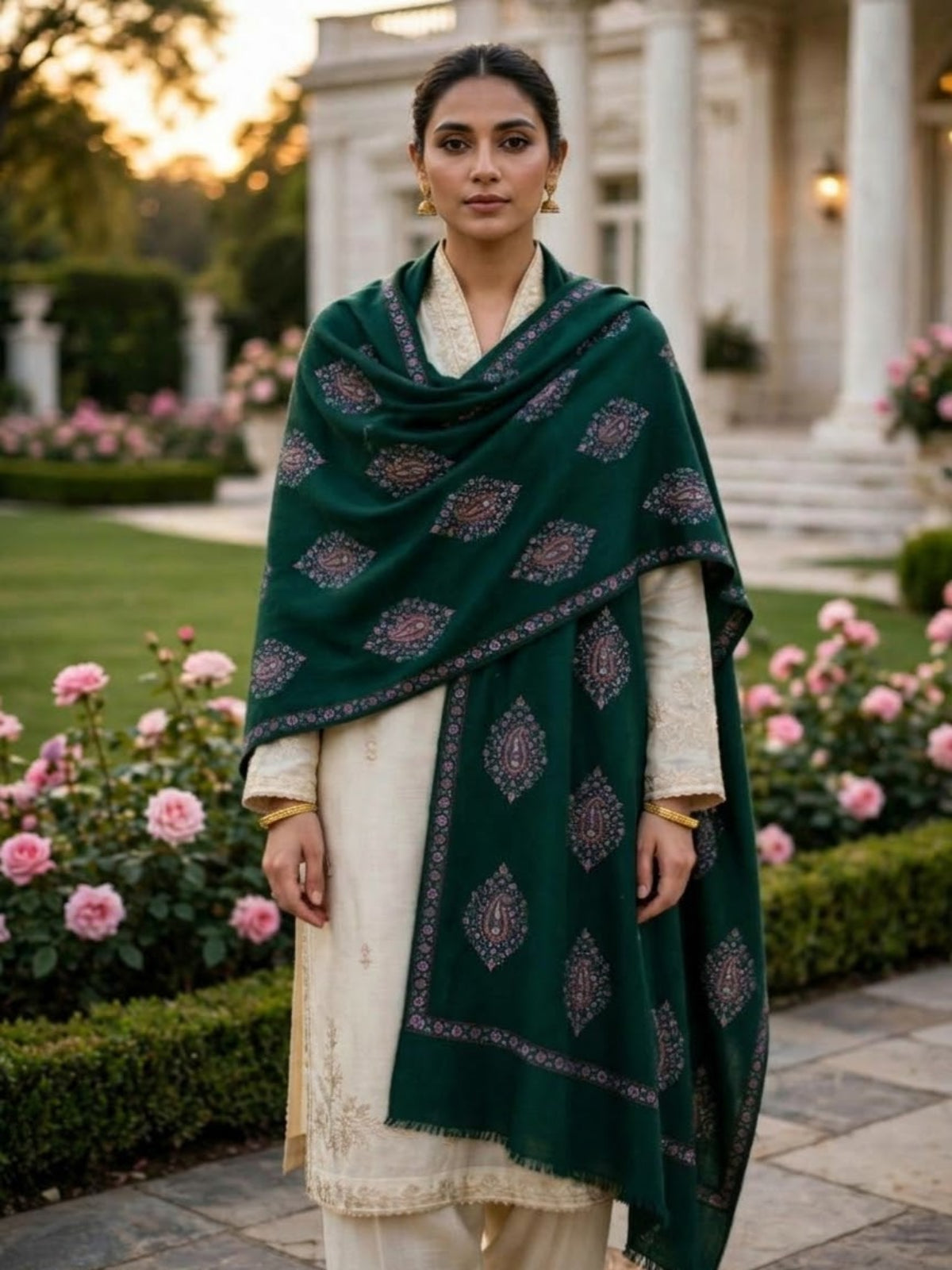 Murshid Embroidered Shawl-Bottle Green