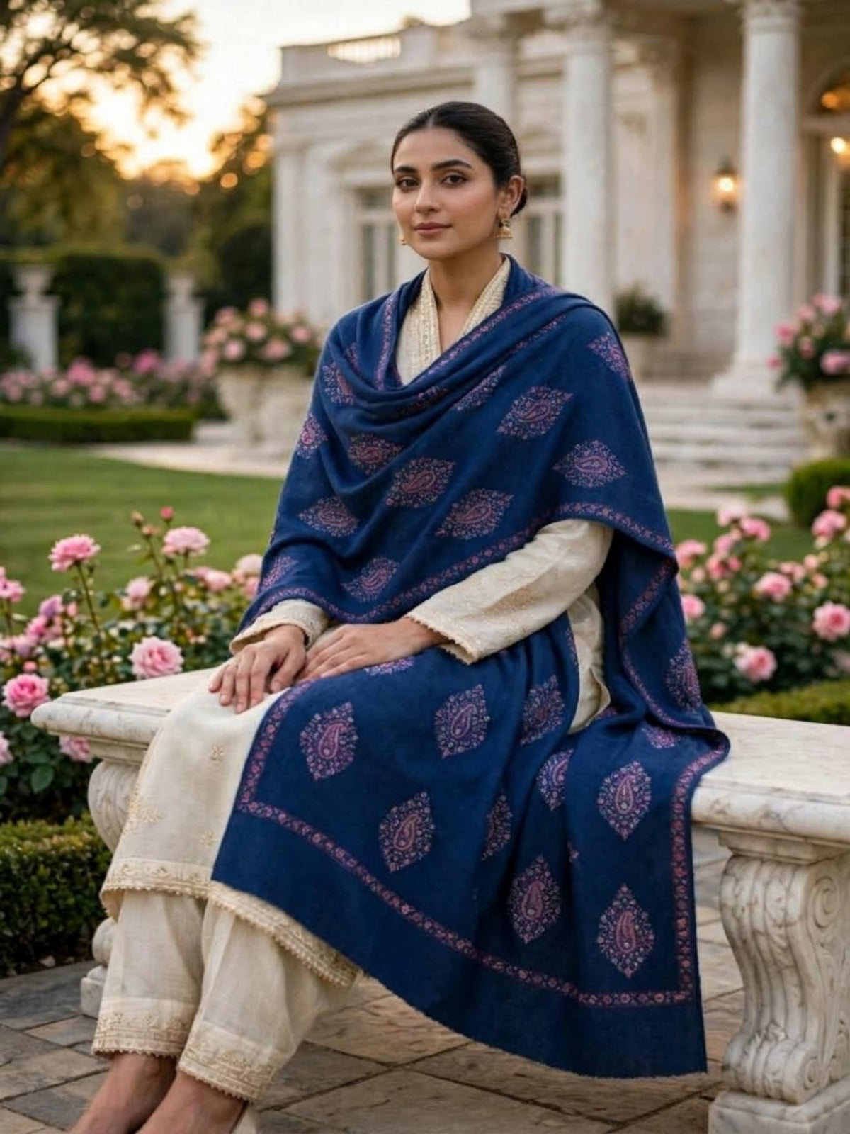 Murshid Embroidered Shawl-Steel Blue
