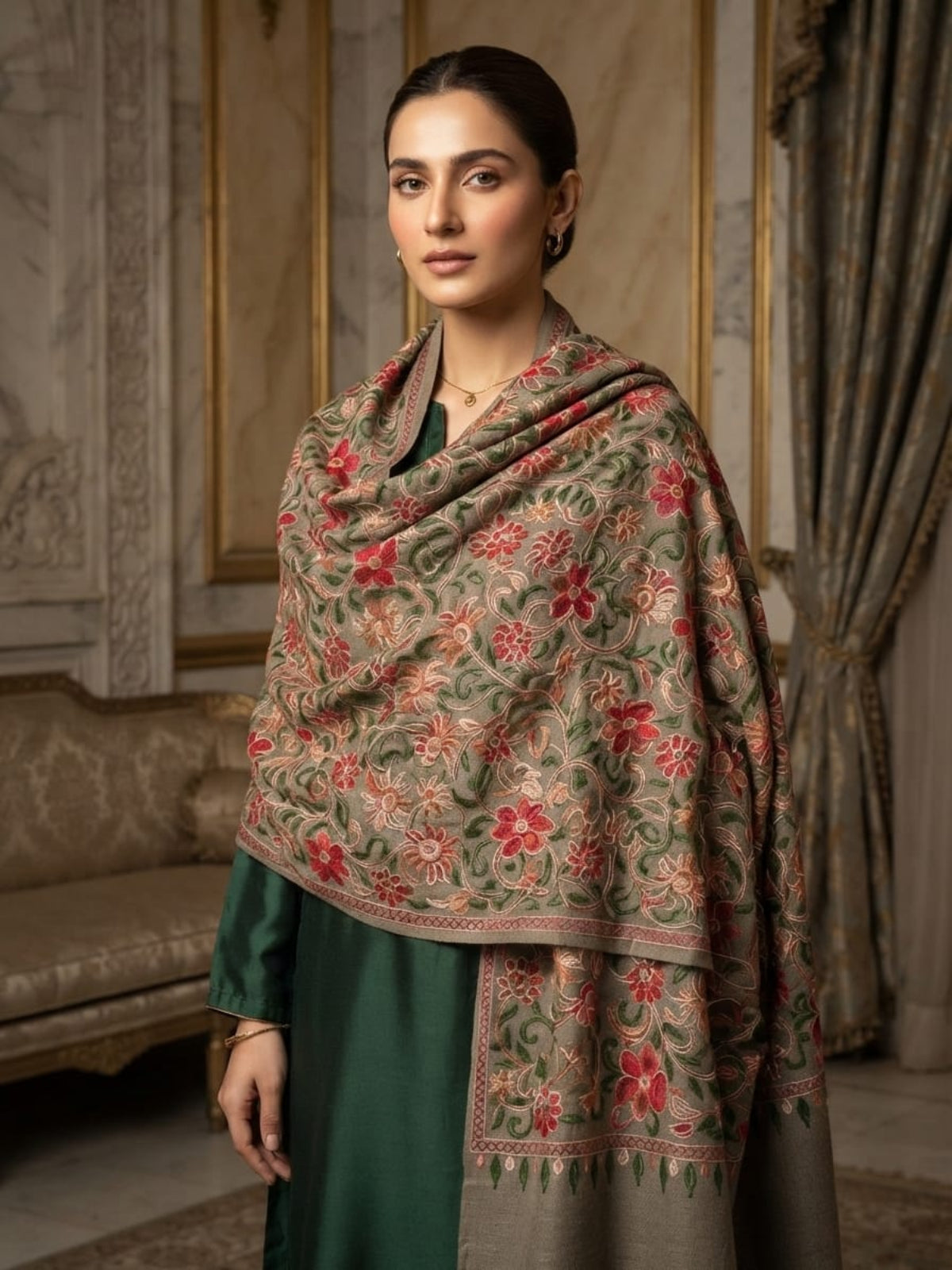 Heer Embroidered Shawl-Sage