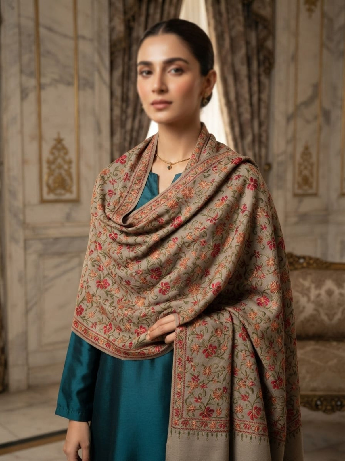 Heer Embroidered Shawl-Light Taupe
