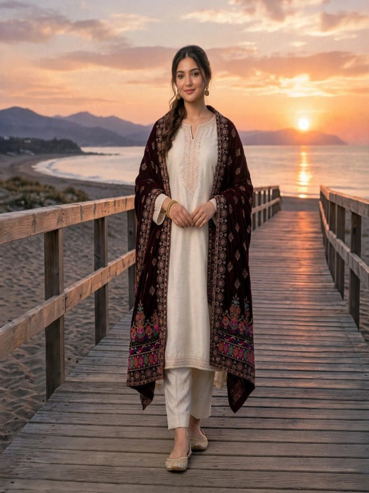 Velevt Block Print Shawl-Maroon