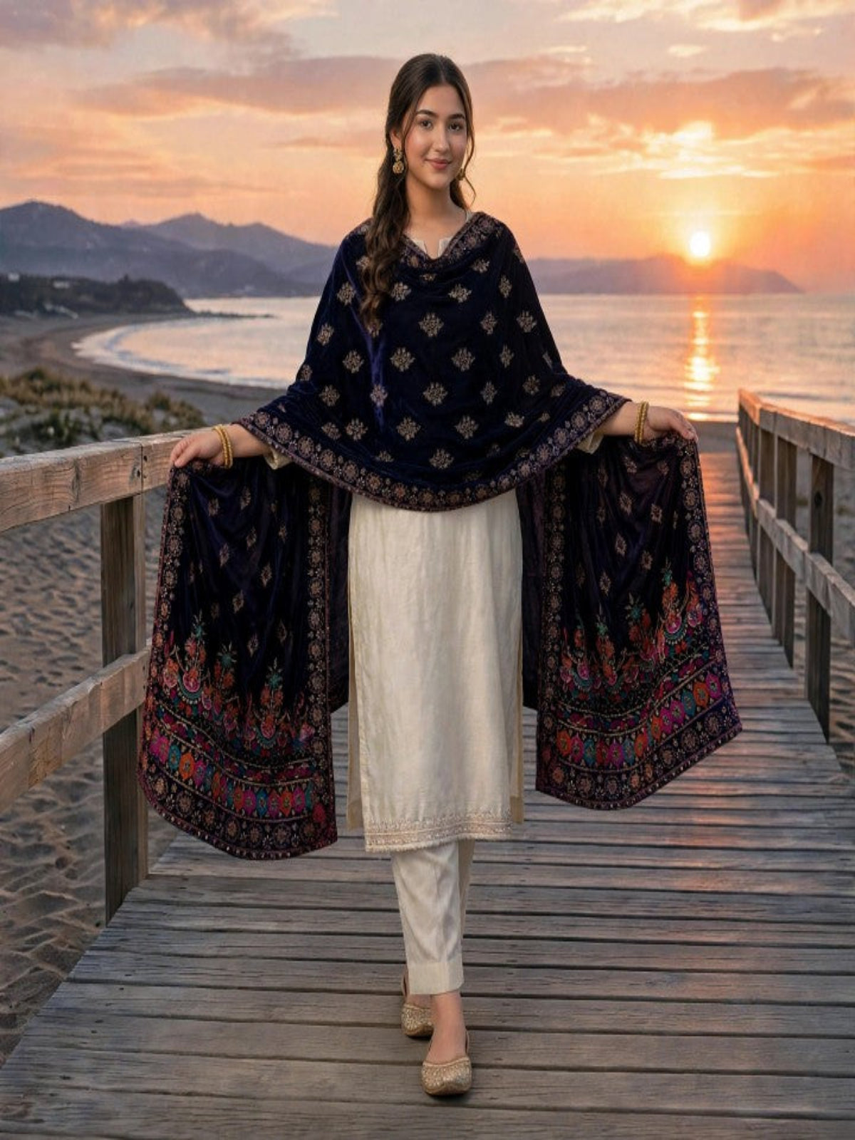Velevt Block Print Shawl-Navy Blue