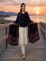 Velevt Block Print Shawl-Navy Blue