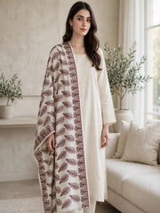 Leaf Silk Embroidered Shawl-Ivory