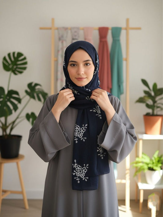 Embroided Floral Hijab NAVY