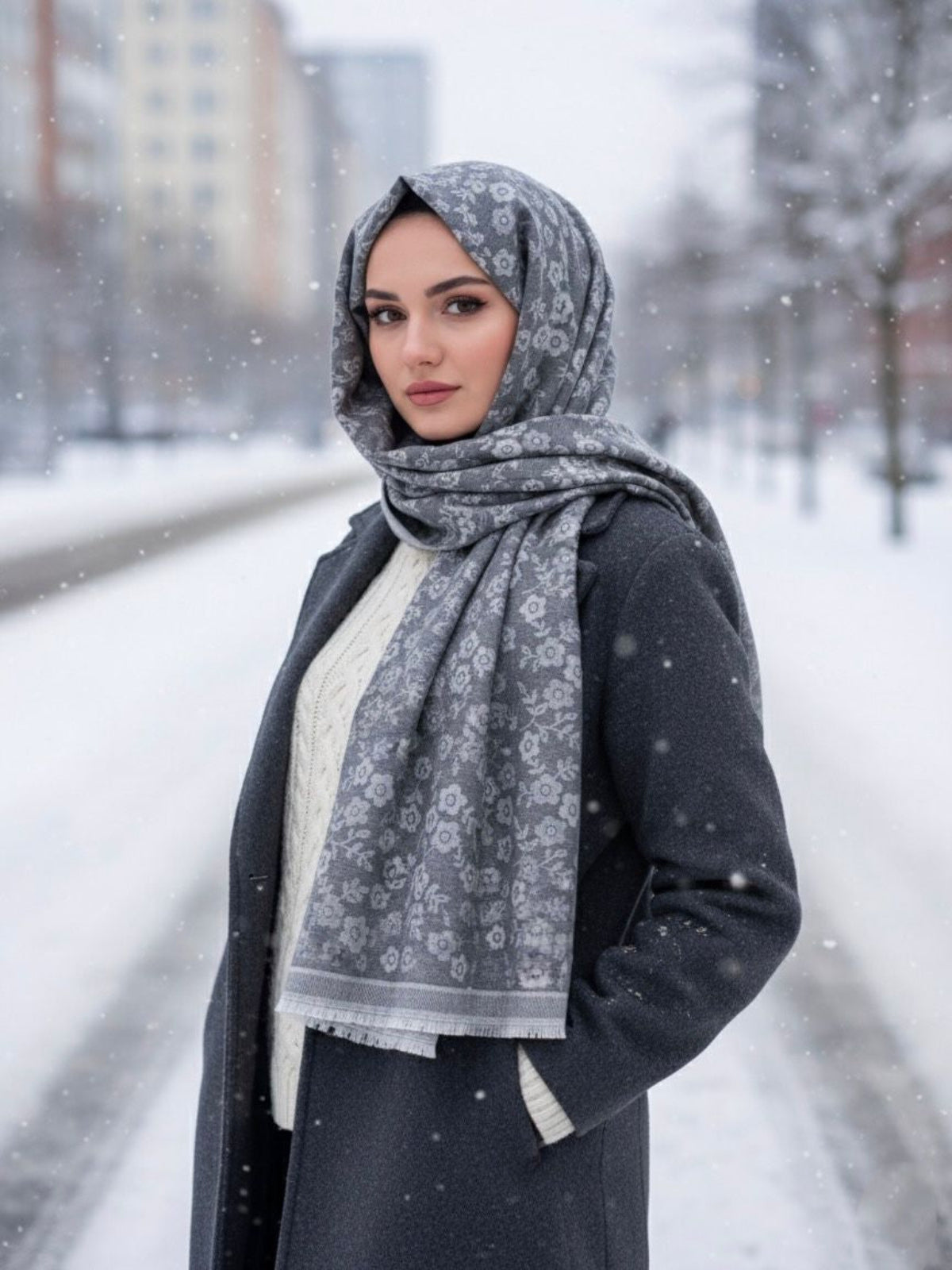 Flower Woolen Hijab Grey