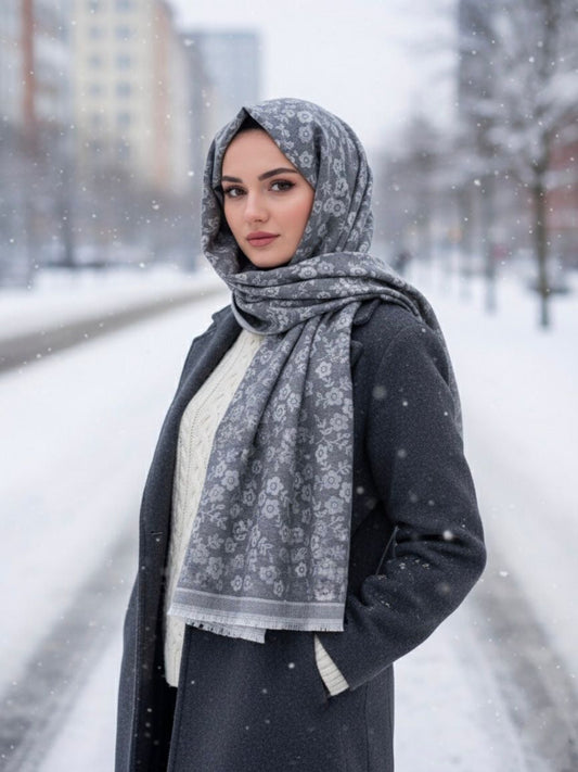 Flower Woolen Hijab Grey