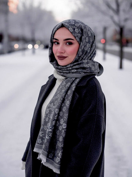 Flower Woolen Hijab Black