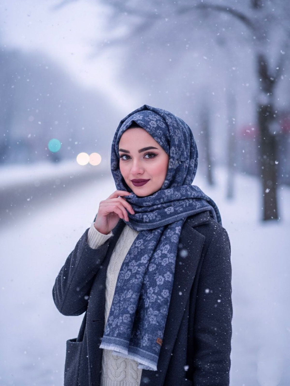 Flower Woolen Hijab Navy