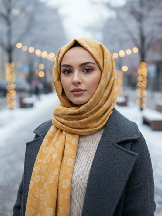 Flower Woolen Hijab Mustard