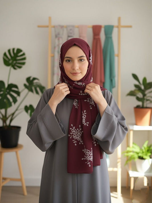 Embroide Floral Hijab MAROON