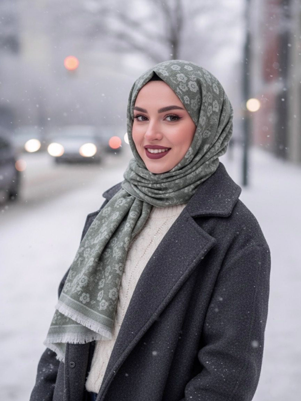 Flower Woolen Hijab Sage