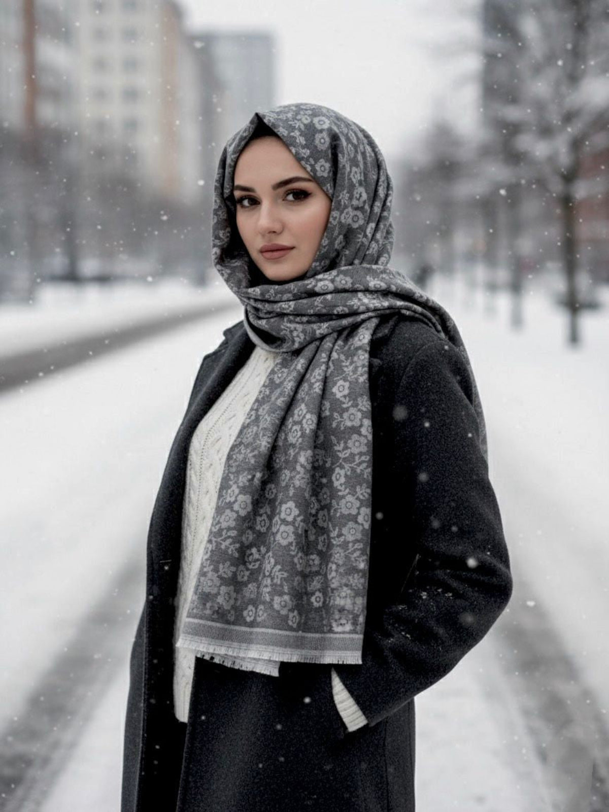 Flower Woolen Hijab Black