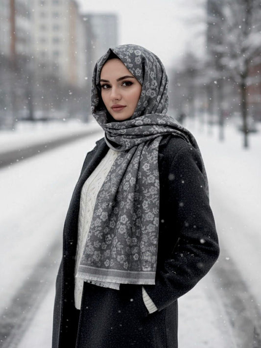 Flower Woolen Hijab Black