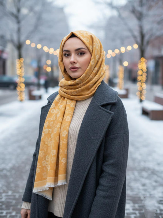 Flower Woolen Hijab Mustard
