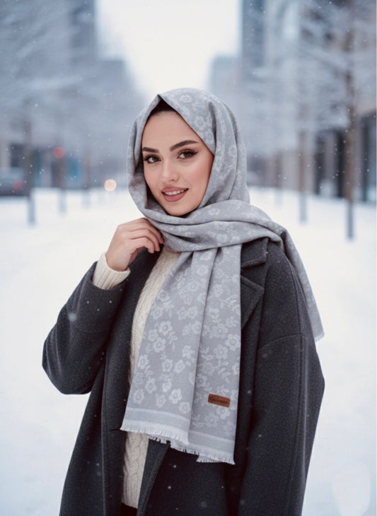 Flower Woolen Hijab Pastel Grey